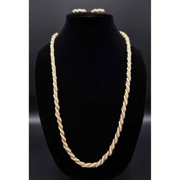 Vintage 1980s TRIFARI Gold Tone & Faux Pearl Rope Necklace & Hoop Earrings - Picture 2 of 6
